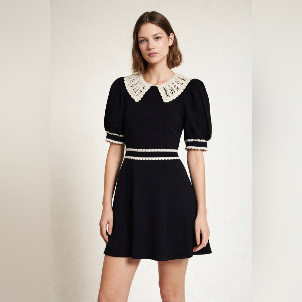 Sandro Paris Black Mini Dress w/ Lace Collar Puff Sleeve Size Small